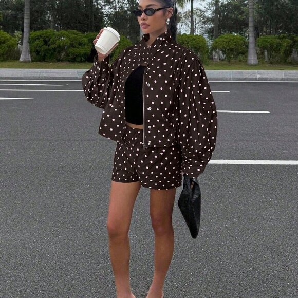 Casual Women's Polka Dot Print Long Sleeve Zip-Up Jacket & shorts set - Picture 4 of 6